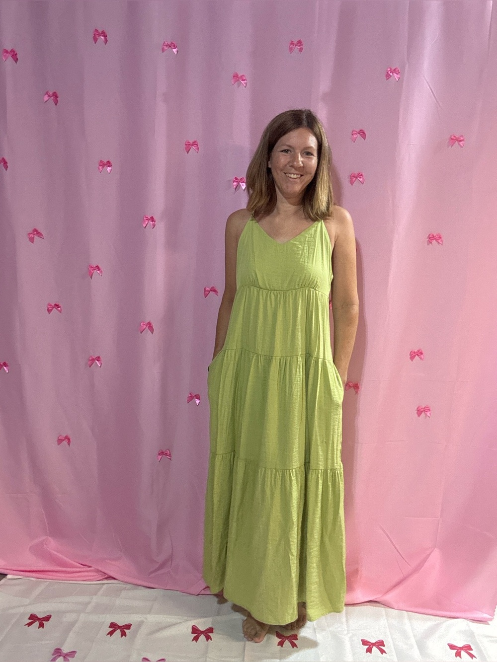 Linen-Blend Tiered Maxi Dress in Lime Green